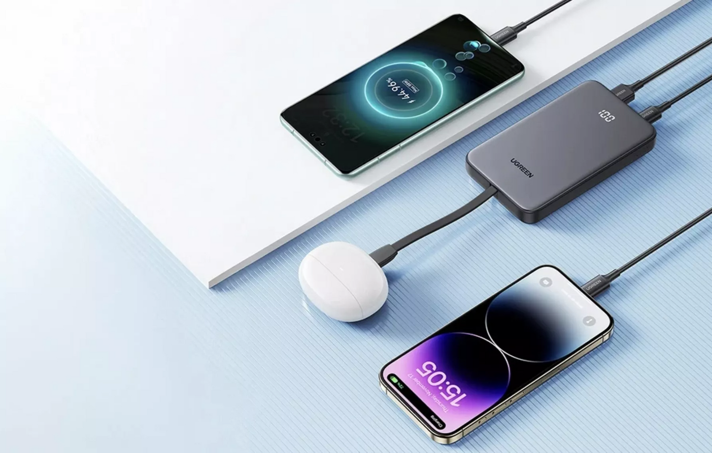 Externe batterij UGREEN PB526 (75161B), 10000mAh, 20W, QC + PD, 1 x USB-A - 2 x USB-C, Grijs