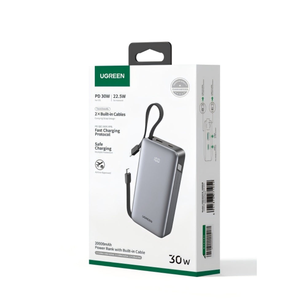 Externe Batterij UGREEN PB528 (55985B), 20000mAh, 30W, QC + PD, 1 x USB-A - 3 x USB-C, Grijs