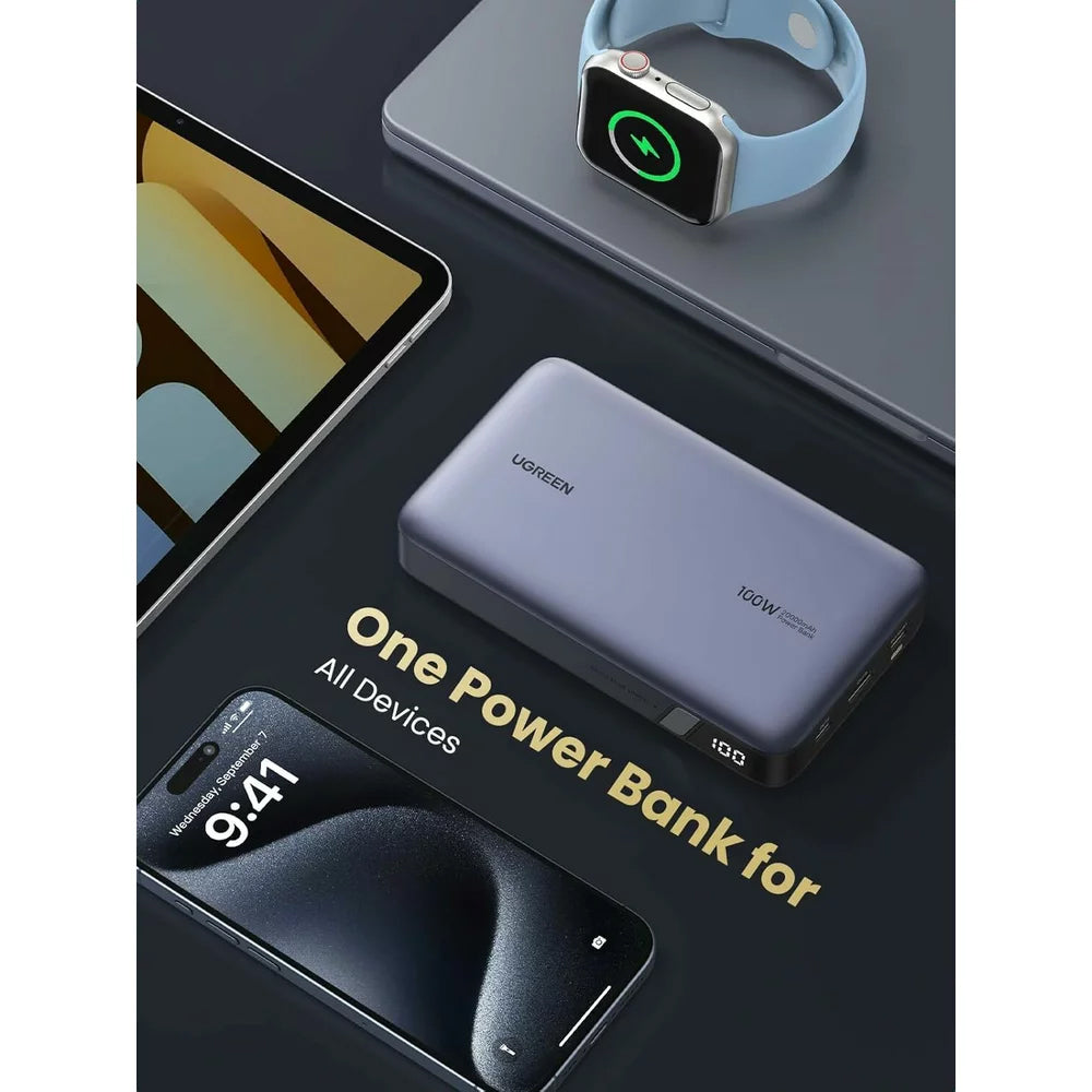 Externe Batterij UGREEN PB720 Nexode, 20000mAh, 100W, QC + PD, 1 x USB-A - 2 x USB-C, Gri