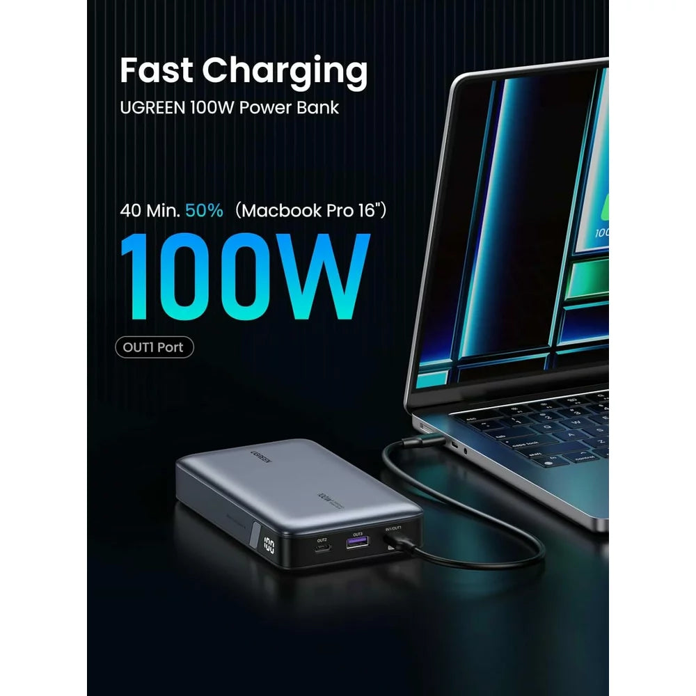 Externe Batterij UGREEN PB720 Nexode, 20000mAh, 100W, QC + PD, 1 x USB-A - 2 x USB-C, Gri