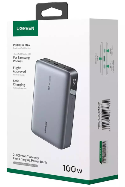 Externe Batterij UGREEN PB720 Nexode, 20000mAh, 100W, QC + PD, 1 x USB-A - 2 x USB-C, Gri