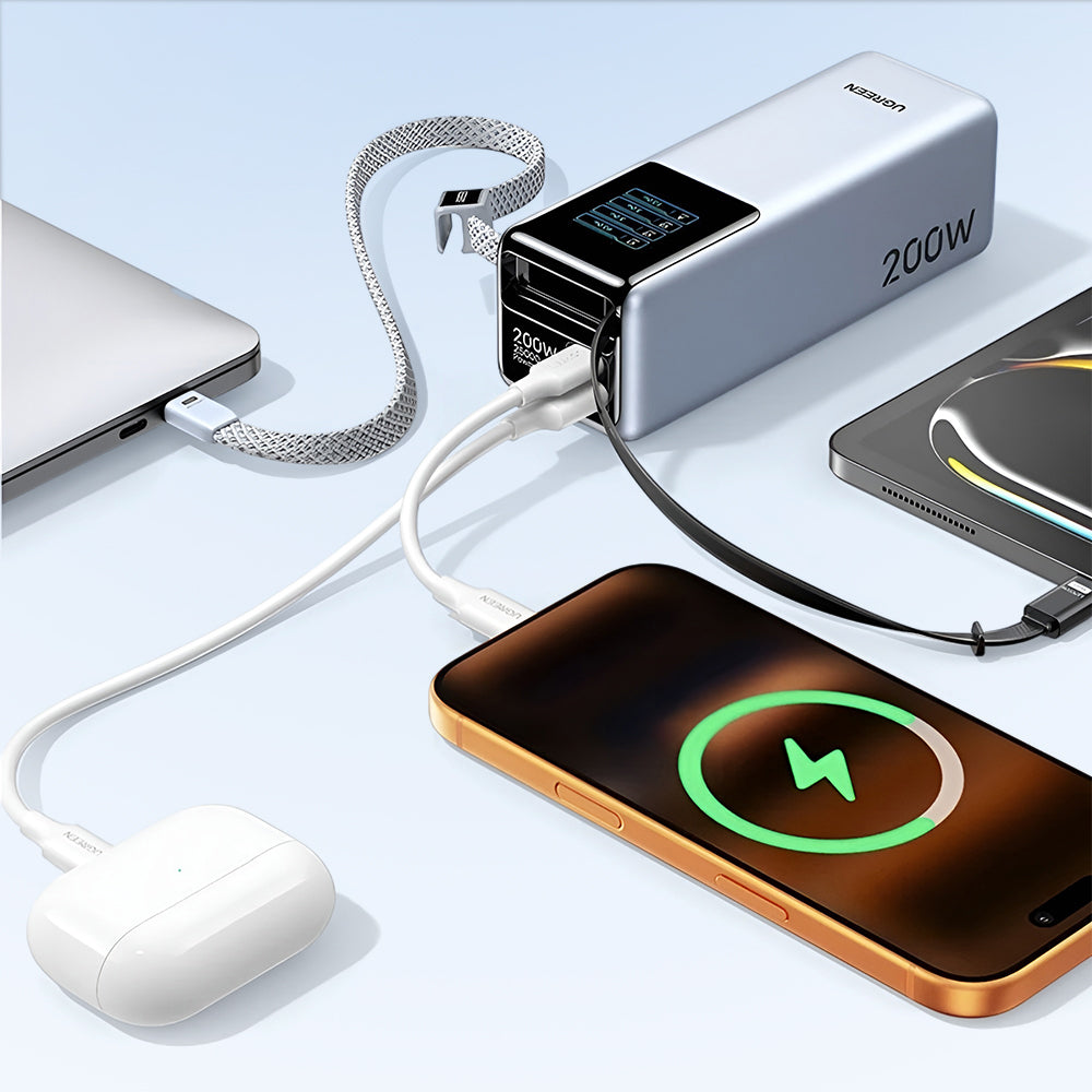 Externe Batterie UGREEN PB728 (75702B), 25000mAh, 200W, QC + PD, 1 x USB-A - 2 x USB-C, Grau