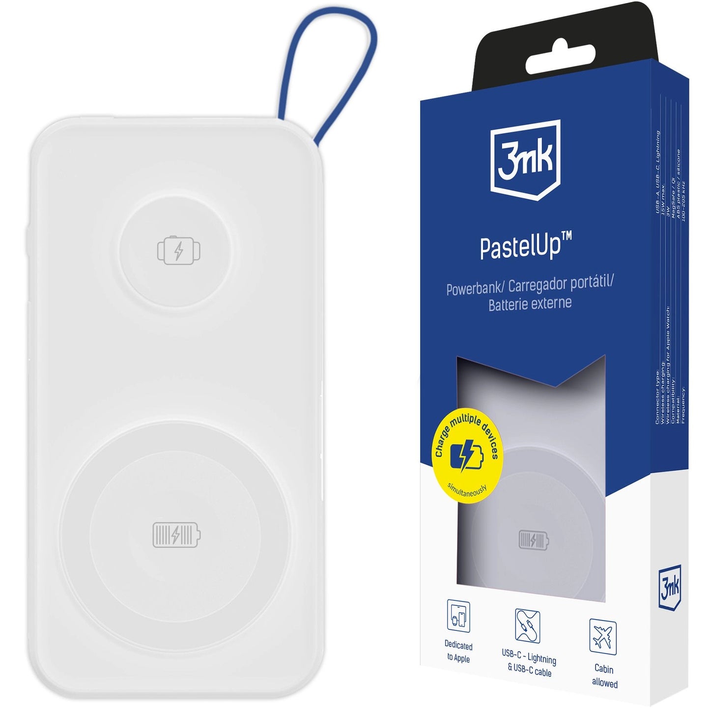 Draadloze Externe Batterij 3MK PastelUp, 10000mAh, 22.5W, QC + PD + FQI, 1 x USB-A - 1 x USB-C - 2 x QI, Wit