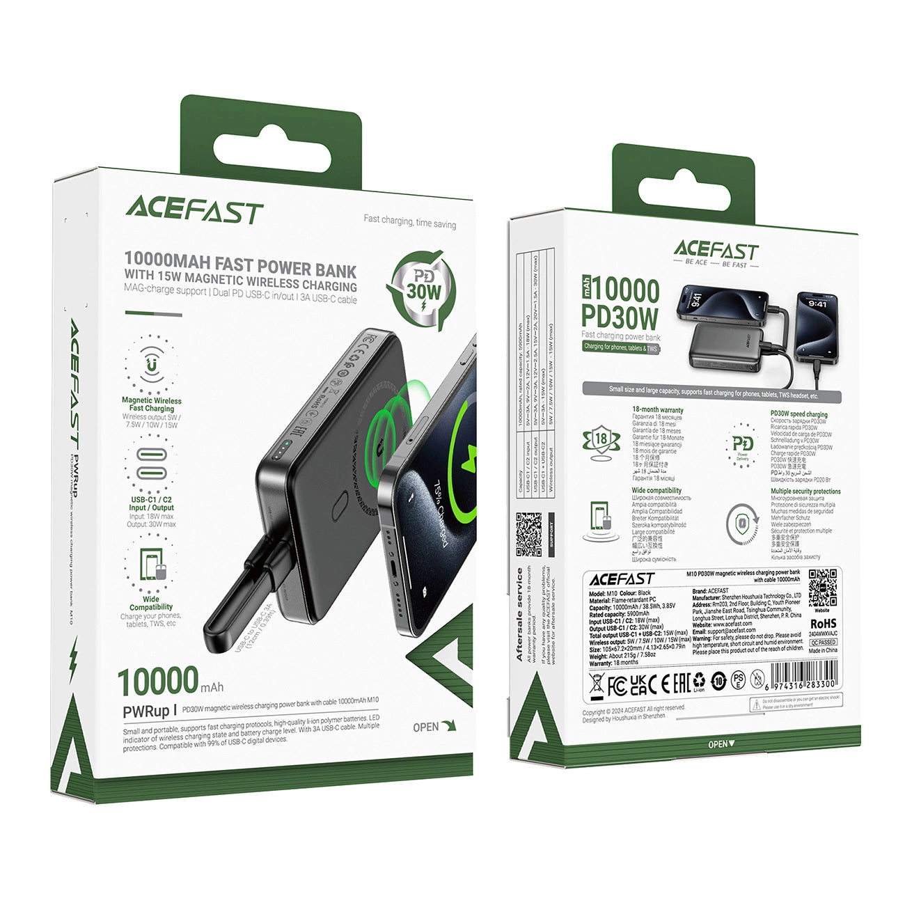 Batterie Externe Sans Fil Acefast M10, 10000mAh, 30W, PD + FQI, 1 x QI - 2 x USB-C, Noire