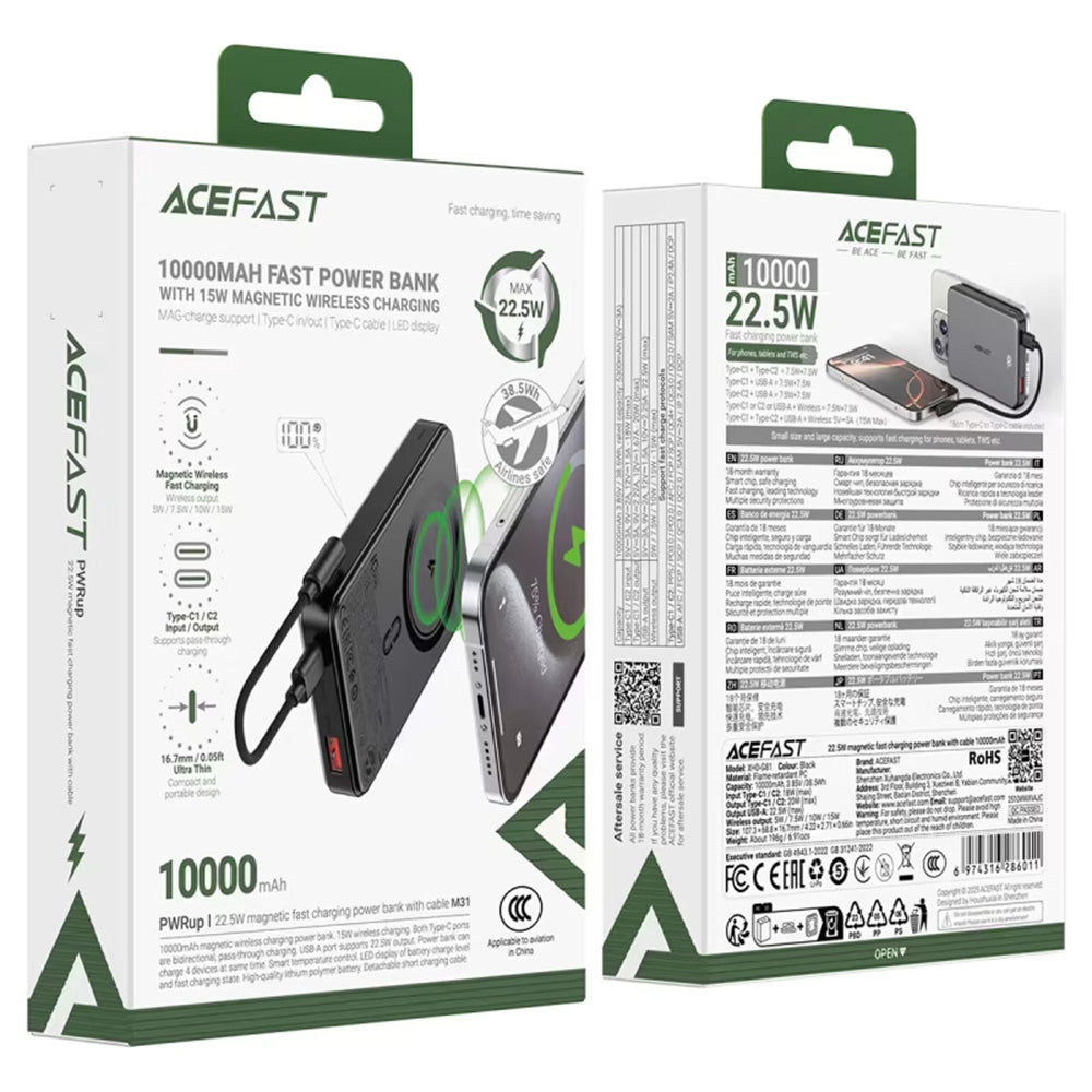 Batterie Externe Sans Fil Acefast M31, 10000mAh, 22.5W, QC + PD + FQI, 1 x QI - 1 x USB-A - 2 x USB-C, Noire