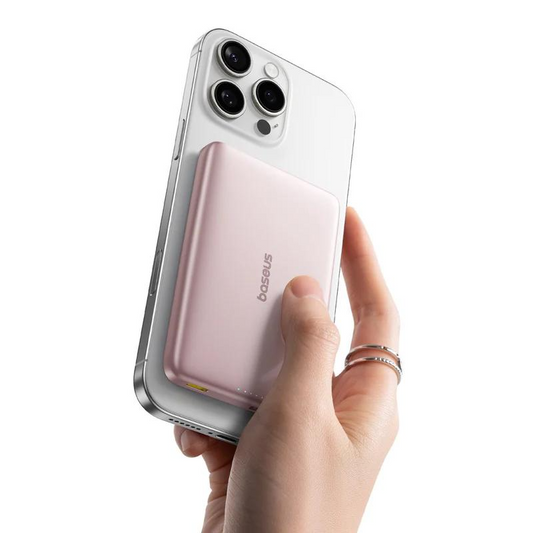 Baseus PicoGo AM41 Wireless External Battery, 10000mAh, 27W, PD + FQI, 1 x QI - 1 x USB-C, Pink E0027202