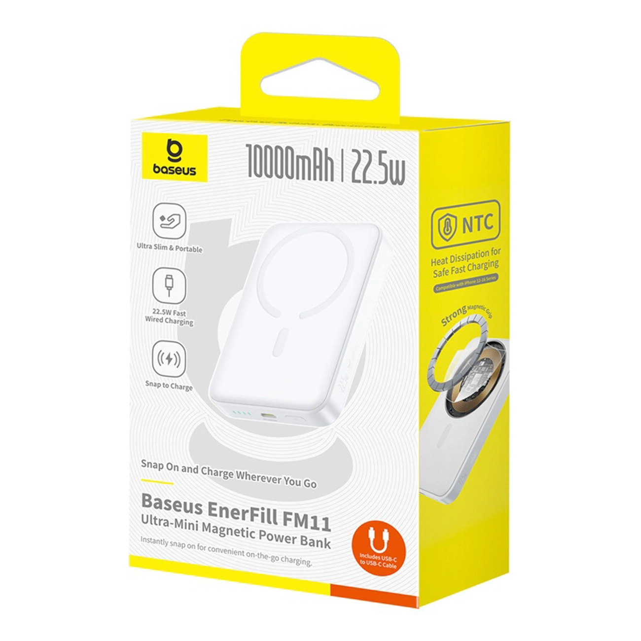 Batterie Externe Sans Fil Baseus EnerFill FM11 Ultra-Mini, 10000mAh, 22.5W, PD + FQI, 1 x QI - 1 x USB-C, Blanche P1008210E213-00