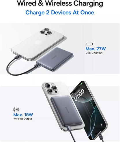 Externe Draadloze Batterij Baseus PicoGo AM41, 10000mAh, 27W, PD + FQI, 1 x QI - 1 x USB-C, Grijs E0027200