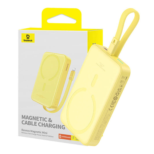 Externe Draadloze Batterij Baseus Magnetic Mini, 10000mAh, 20W, PD + FQI, 1 x Lightning - 1 x QI - 1 x USB-C, Geel P10022109Y23-00