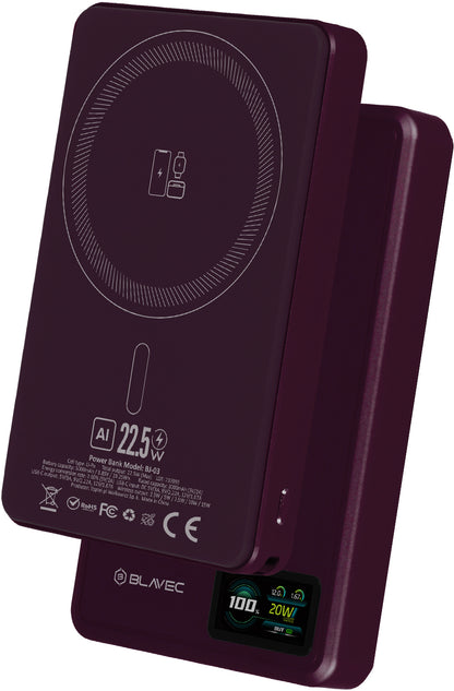 Draadloze powerbank Blavec BJ-03 Slim, 10000 mAh, 22,5 W, PD + FQI, 1 x QI - 1 x USB-C, paars
