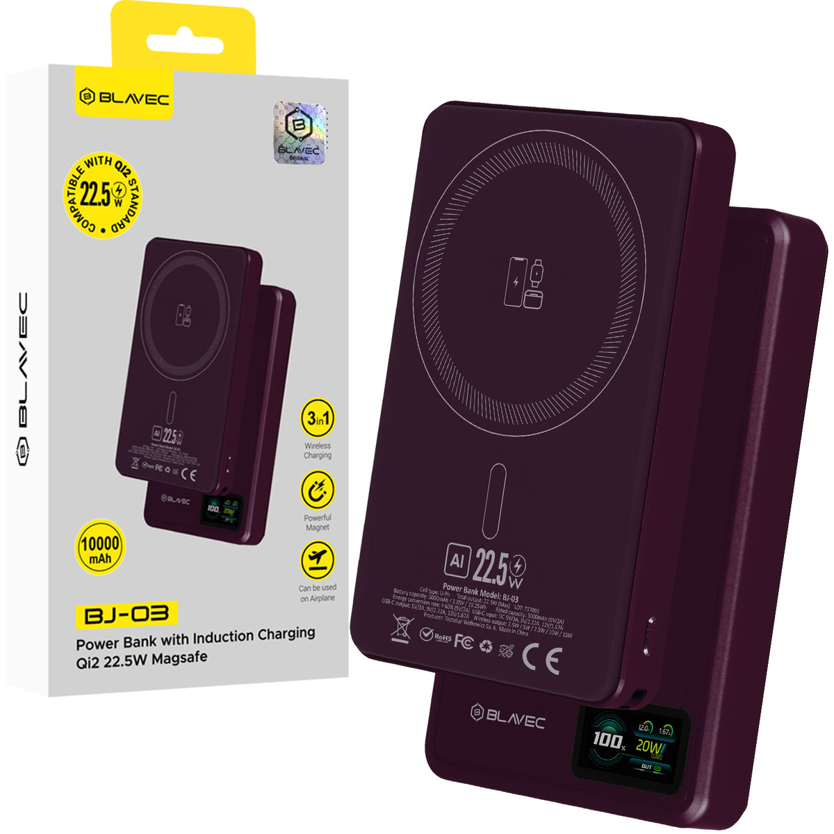 Draadloze powerbank Blavec BJ-03 Slim, 10000 mAh, 22,5 W, PD + FQI, 1 x QI - 1 x USB-C, paars