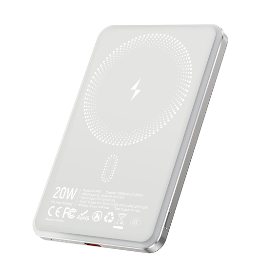 Draadloze Externe Batterij BWOO P79, 5000mAh, 20W, PD + FQI, 1 x QI - 1 x USB-C, Grijs