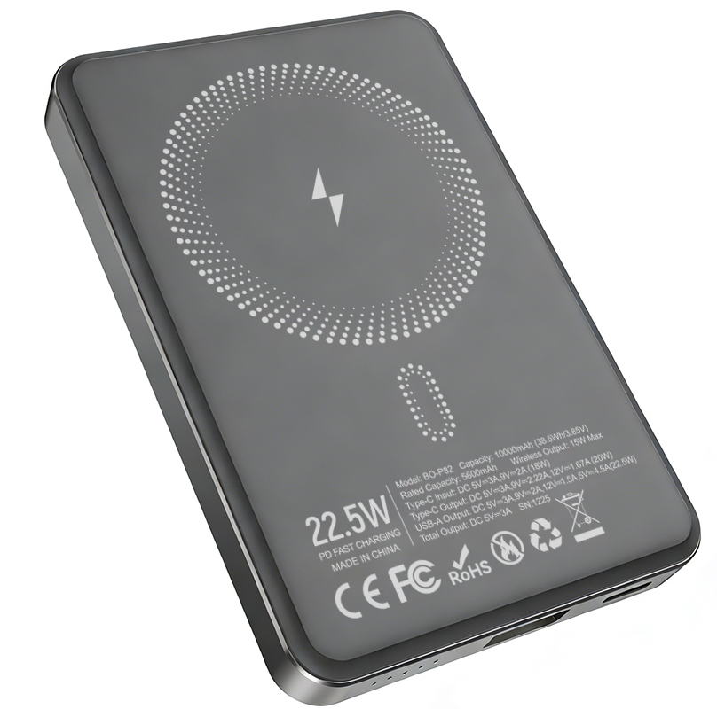 Kabellose Externe Batterie BWOO BO-P82, 10000mAh, 22,5W, PD + FQI, 1 x QI - 1 x USB-C, Grau