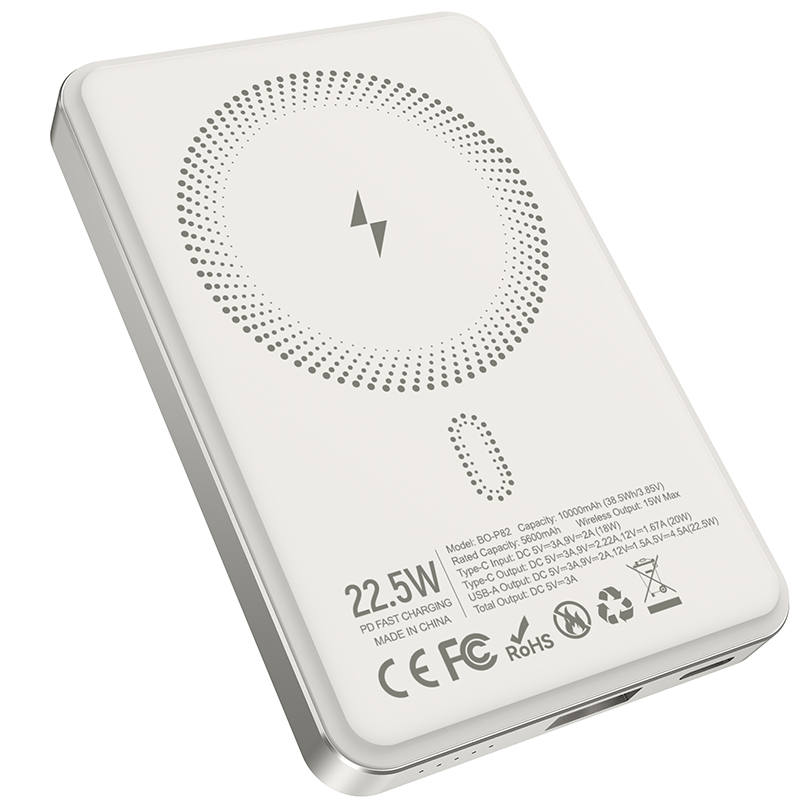 Draadloze Externe Batterij BWOO BO-P82, 10000mAh, 22,5W, PD + FQI, 1 x QI - 1 x USB-C, Wit