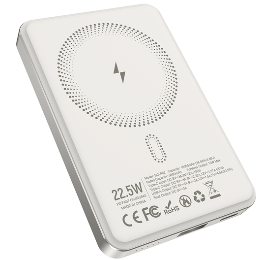 Draadloze Externe Batterij BWOO BO-P82, 10000mAh, 22,5W, PD + FQI, 1 x QI - 1 x USB-C, Wit