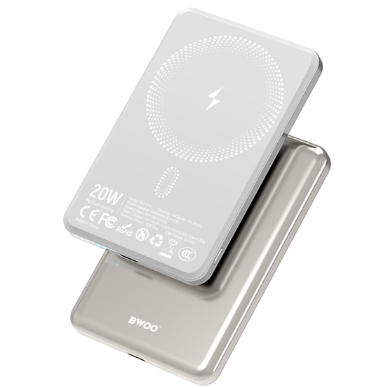 Draadloze Externe Batterij BWOO P79, 5000mAh, 20W, PD + FQI, 1 x QI - 1 x USB-C, Grijs