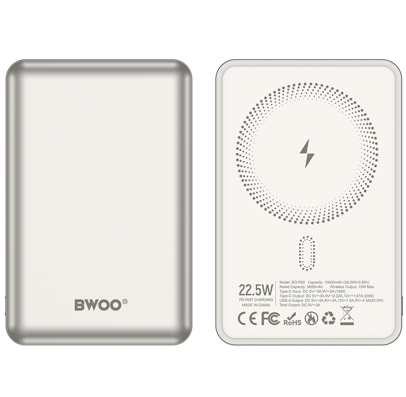 Draadloze Externe Batterij BWOO BO-P82, 10000mAh, 22,5W, PD + FQI, 1 x QI - 1 x USB-C, Wit