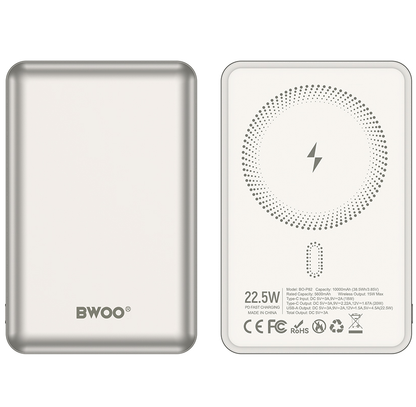 Draadloze Externe Batterij BWOO BO-P82, 10000mAh, 22,5W, PD + FQI, 1 x QI - 1 x USB-C, Wit