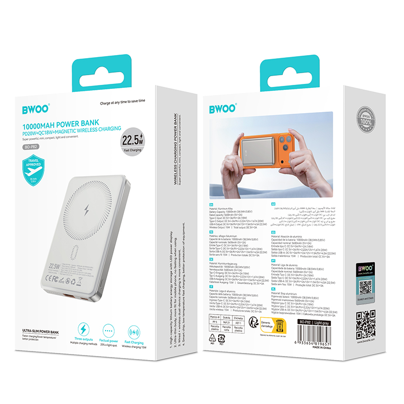 Draadloze Externe Batterij BWOO BO-P82, 10000mAh, 22,5W, PD + FQI, 1 x QI - 1 x USB-C, Wit