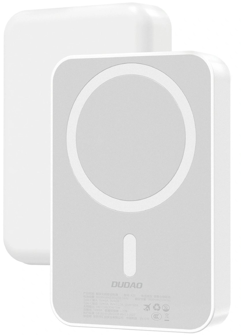 Dudao K26 Draadloze Externe Batterij, 10000mAh, 20W, PD + FQI, 1 x QI - 1 x USB-C, Wit