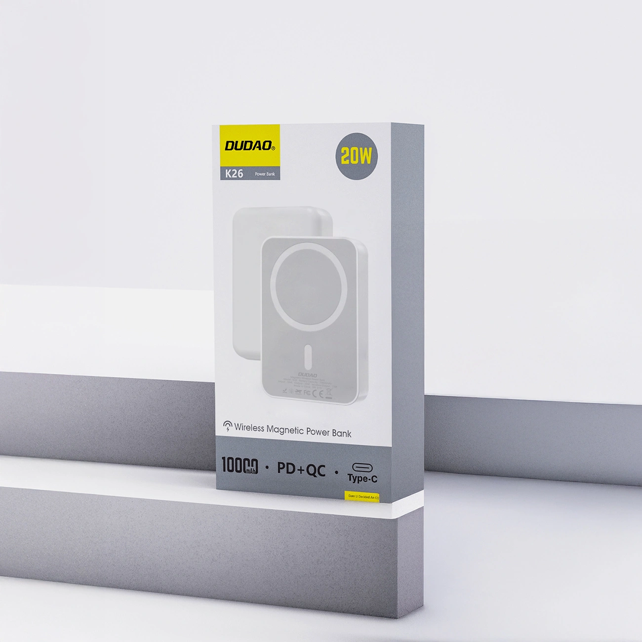 Dudao K26 Draadloze Externe Batterij, 10000mAh, 20W, PD + FQI, 1 x QI - 1 x USB-C, Wit