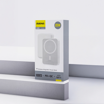 Dudao K26 Draadloze Externe Batterij, 10000mAh, 20W, PD + FQI, 1 x QI - 1 x USB-C, Wit