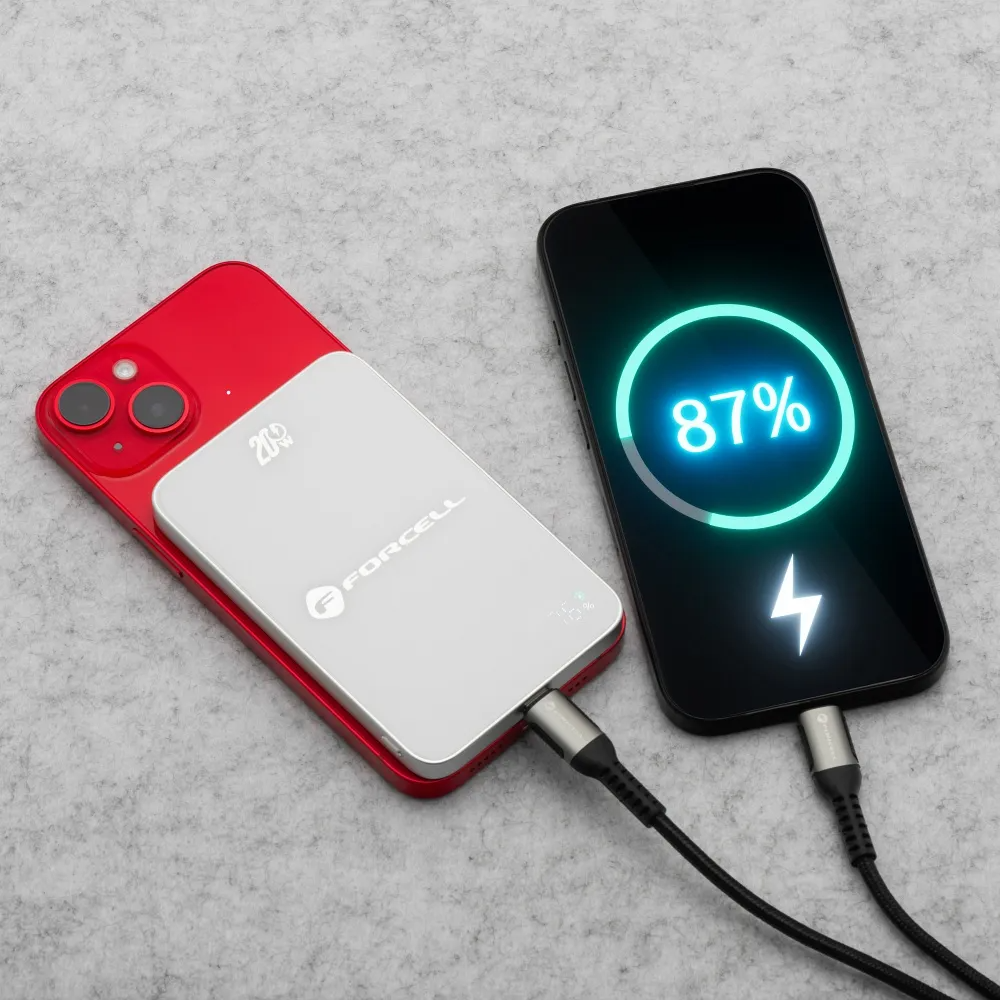 Draadloze Externe Batterij Forcell F5K8, 5000mAh, 15W, PD + FQI, 1 x QI - 1 x USB-C, Wit