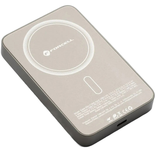 Draadloze Externe Batterij Forcell F5K8, 5000mAh, 15W, PD + FQI, 1 x QI - 1 x USB-C, Goud
