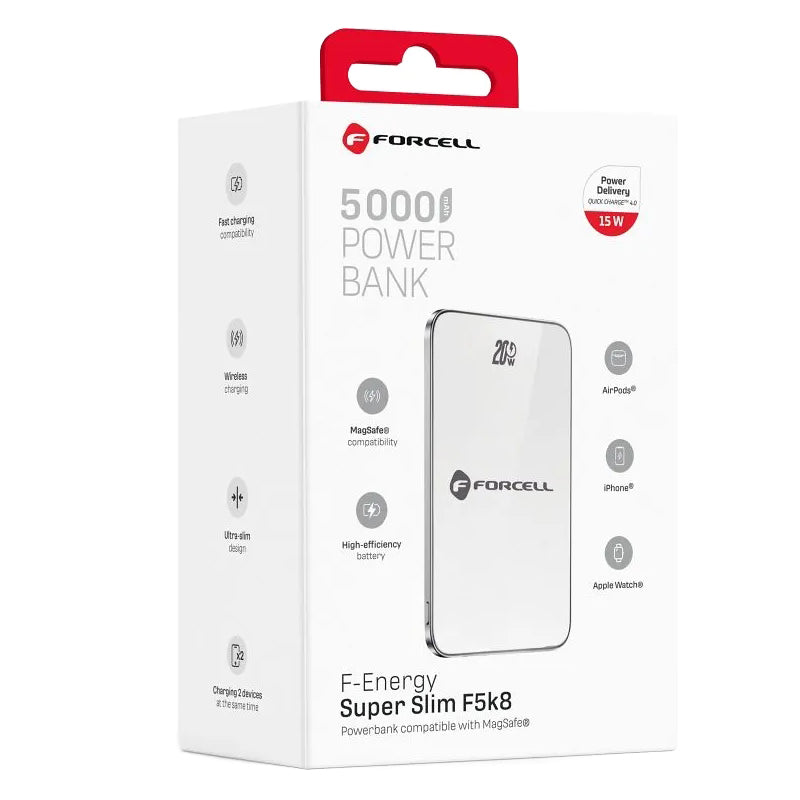 Draadloze Externe Batterij Forcell F5K8, 5000mAh, 15W, PD + FQI, 1 x QI - 1 x USB-C, Wit