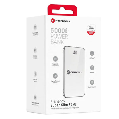 Draadloze Externe Batterij Forcell F5K8, 5000mAh, 15W, PD + FQI, 1 x QI - 1 x USB-C, Wit