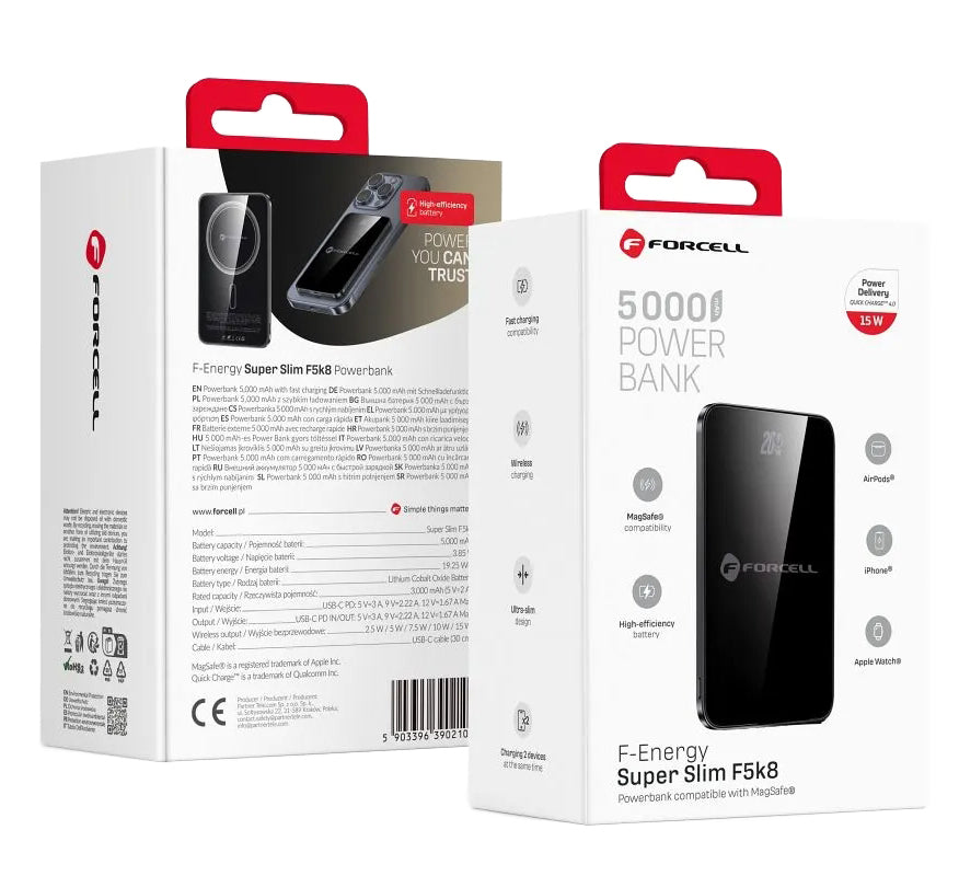 Externer Wireless-Akku Forcell F5K8, 5000mAh, 15W, PD + FQI, 1 x QI - 1 x USB-C, Schwarz