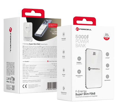 Draadloze Externe Batterij Forcell F5K8, 5000mAh, 15W, PD + FQI, 1 x QI - 1 x USB-C, Wit