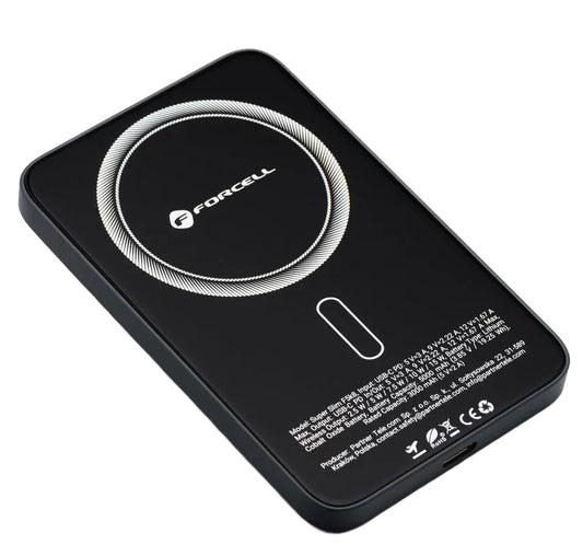 Draadloze Externe Batterij Forcell F5K8, 5000mAh, 15W, PD + FQI, 1 x QI - 1 x USB-C, Zwart