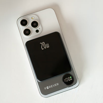 Forever MATB-200 Wireless External Battery, 5000mAh, 20W, PD + FQI, 1 x QI - 1 x USB-C, Black