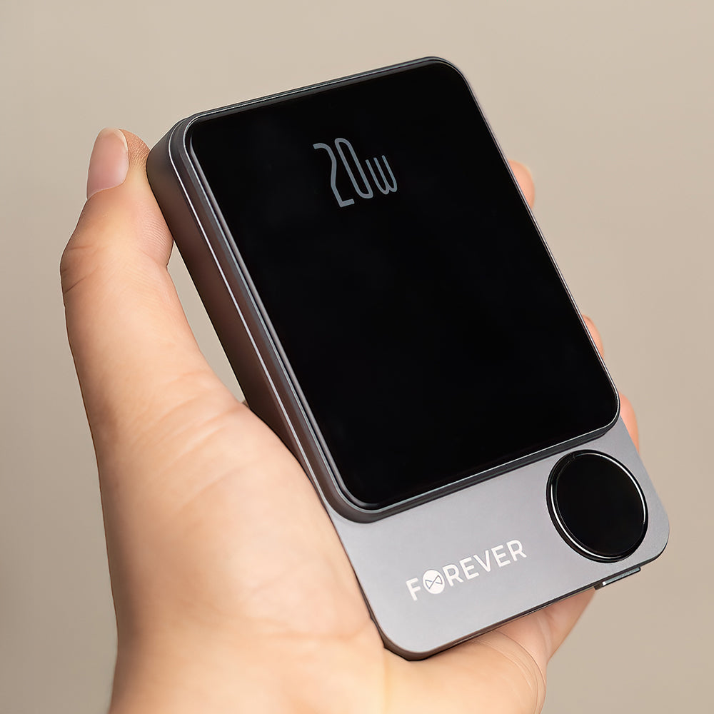 Forever MATB-200 Wireless External Battery, 5000mAh, 20W, PD + FQI, 1 x QI - 1 x USB-C, Black