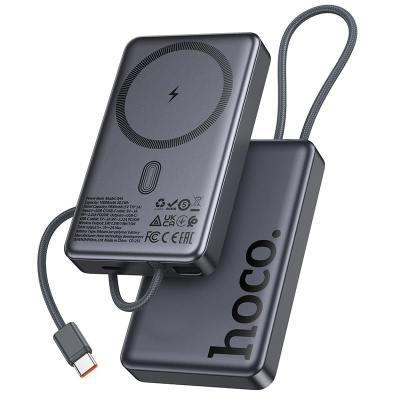 Wireless Externe Batterie HOCO Q44, 10000mAh, 20W, PD + FQI, 1 x QI - 2 x USB-C, Grau