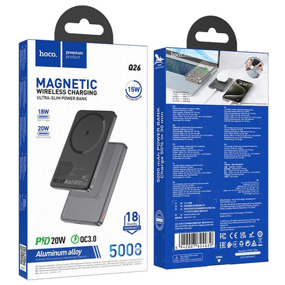 Draadloze Externe Batterij HOCO Q26, 5000mAh, 20W, PD + FQI, 1 x QI - 1 x USB-C, Grijs
