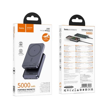 Batterie Externe Sans Fil HOCO J160, 5000mAh, 10W, 1 x QI - 1 x USB-C, Gris
