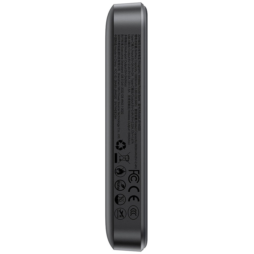 Joyroom JR-W020 Wireless External Battery, 10000mAh, 20W, QC + PD + FQI, 1 x QI - 1 x USB-A - 1 x USB-C, Black