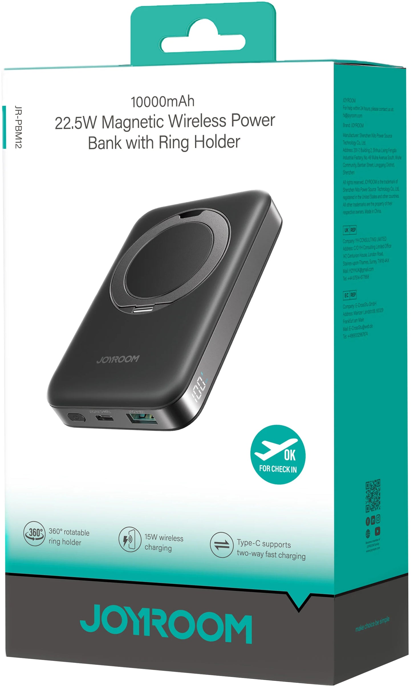 Joyroom JR-PBM12 Wireless External Battery, 10000mAh, 22.5W, QC + PD + FQI, 1 x QI - 1 x USB-A - 1 x USB-C, Black