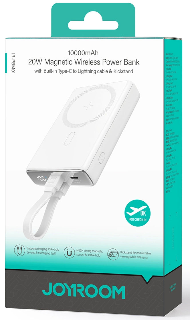 Externer Wireless Akku Joyroom JR-PBM01, 10000mAh, 20W, QC + PD + FQI, 1 x Lightning - 1 x QI - 1 x USB-C, Weiß