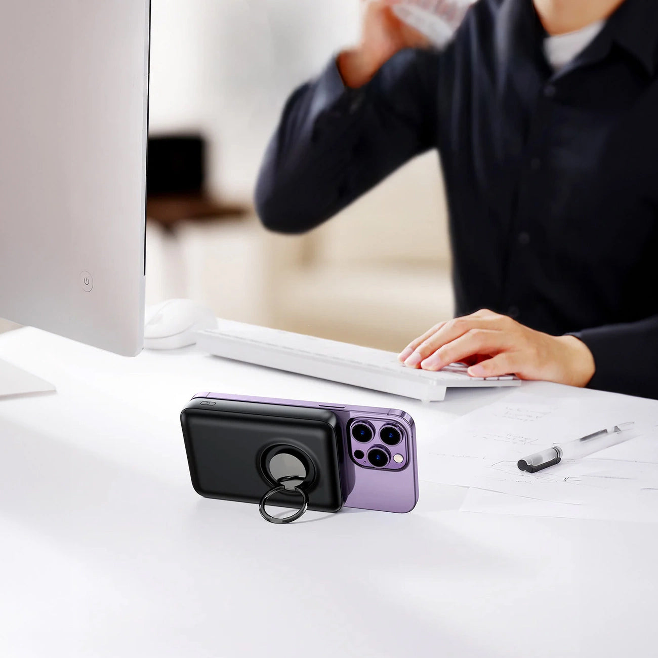 Draadloze Externe Batterij Joyroom JR-W050, 10000mAh, 20W, QC + PD + FQI, 1 x QI - 1 x USB-A - 1 x USB-C, Zwart