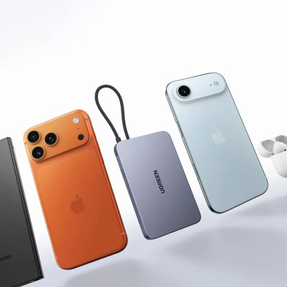 Kabellose Powerbank UGREEN PB570 (75982B), 10000 mAh, 30 W, PD + FQI, 1 x Qi – 2 x USB-C, Grau
