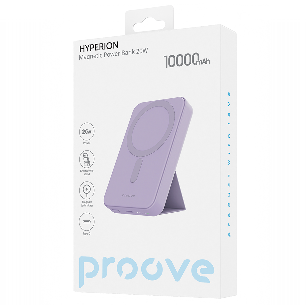 Batterie Externe Sans Fil Proove Hyperion, 10000mAh, 20W, PD + FQI, 1 x QI - 1 x USB-C, Mauve