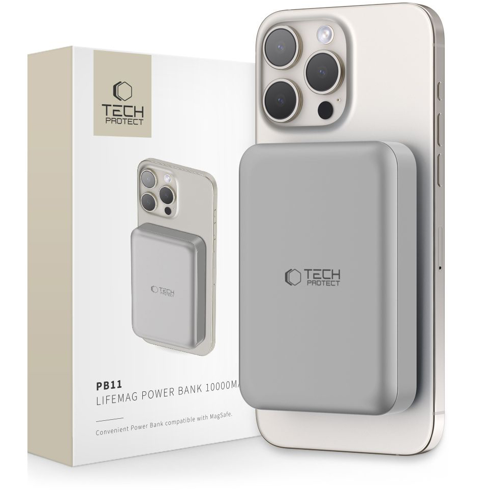 Wireless Powerbank Tech-Protect PB11 LifeMag, 10000mAh, 15W, PD + FQI, 1 x QI - 1 x USB-C, Grau, Neuversiegelt