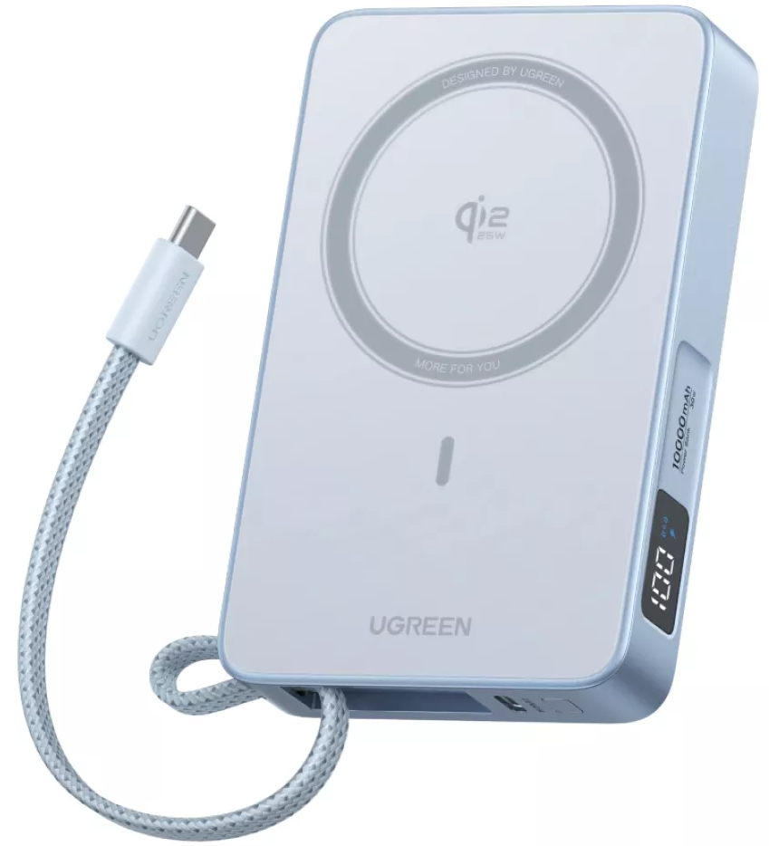 Externer Wireless-Akku UGREEN MagFlow PB773, 10000mAh, 25W, PD + FQI, 1 x QI - 2 x USB-C, Blau