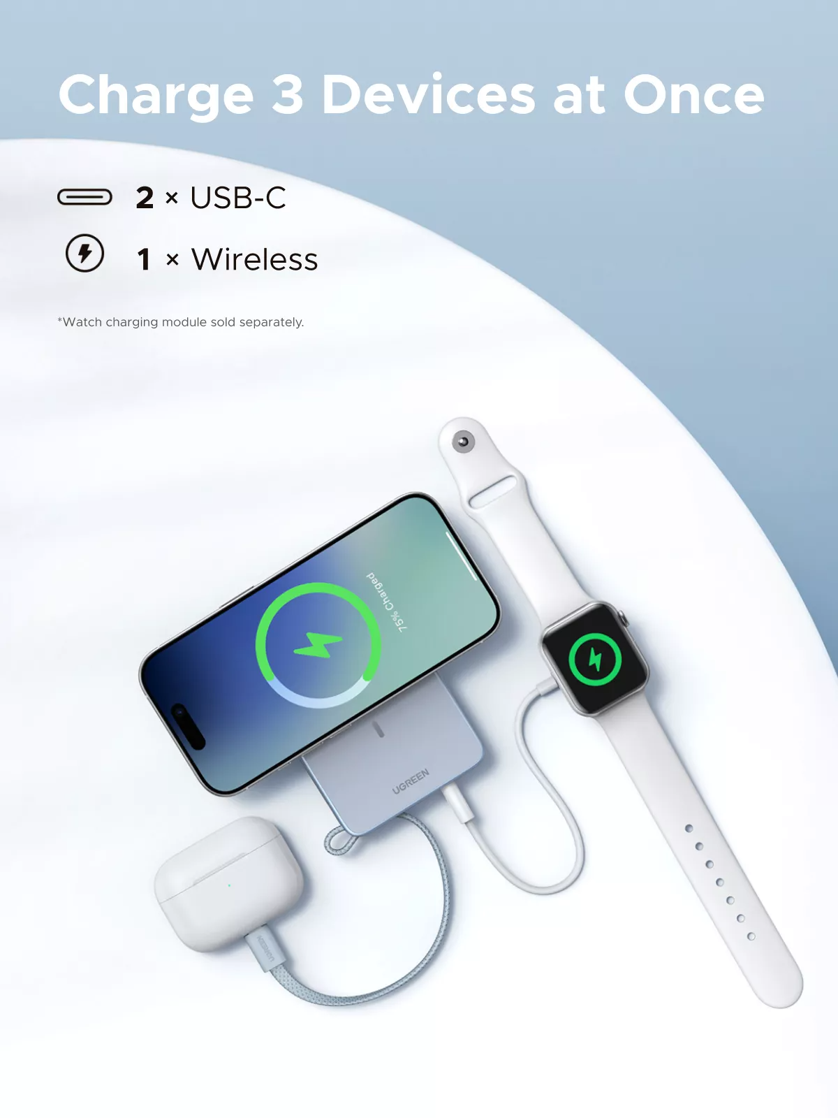 Externer Wireless-Akku UGREEN MagFlow PB773, 10000mAh, 25W, PD + FQI, 1 x QI - 2 x USB-C, Blau