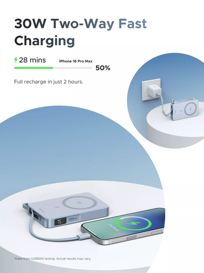 Externer Wireless-Akku UGREEN MagFlow PB773, 10000mAh, 25W, PD + FQI, 1 x QI - 2 x USB-C, Blau