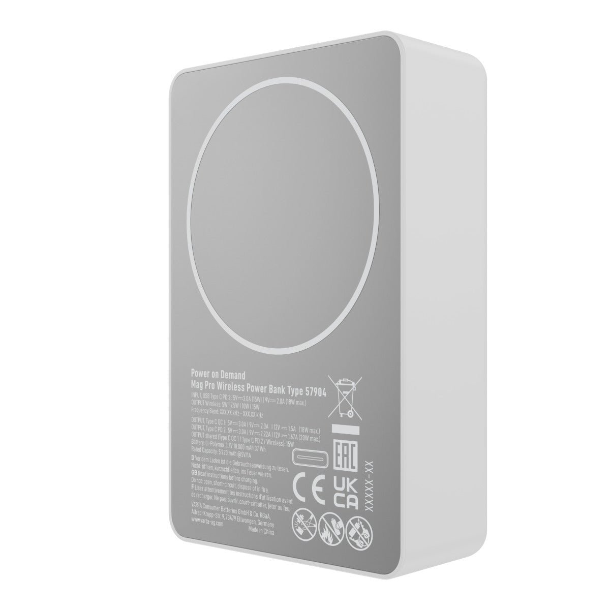 Externer Wireless-Akku Varta Mag Pro, 10000mAh, 20W, 1 x QI - 2 x USB-C, Weiß