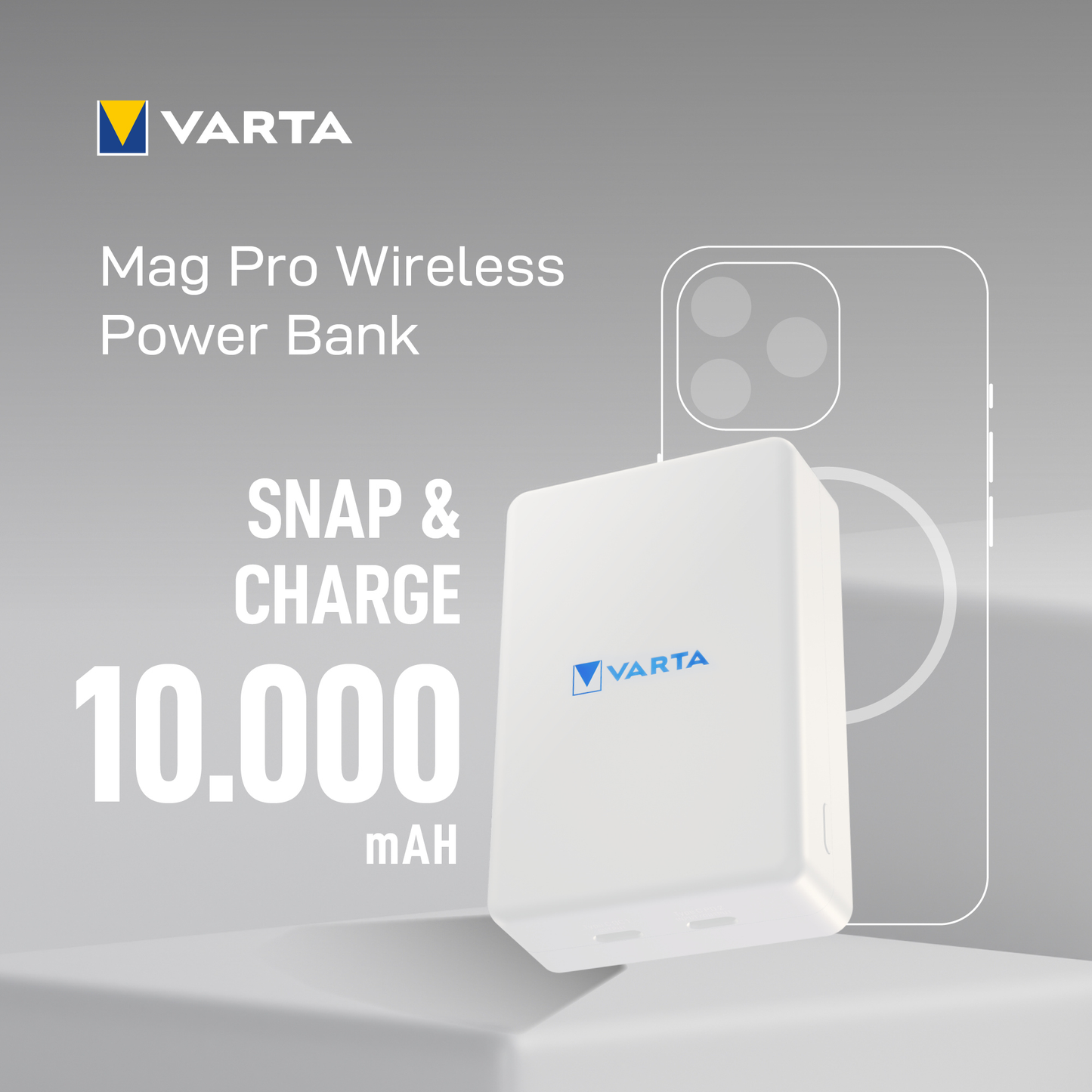 Externer Wireless-Akku Varta Mag Pro, 10000mAh, 20W, 1 x QI - 2 x USB-C, Weiß